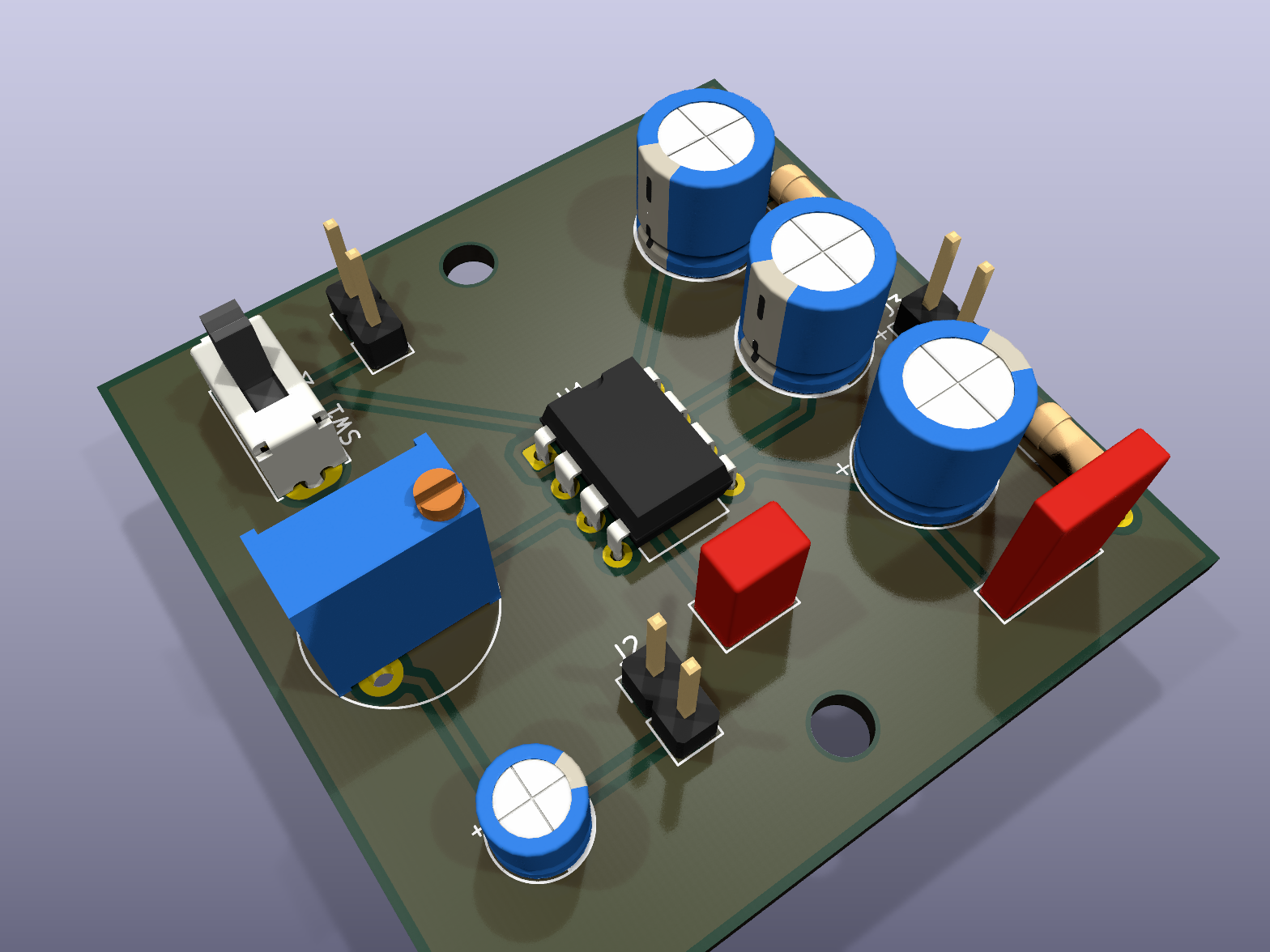 Carte son nue, rendu 3D isométrique KiCad